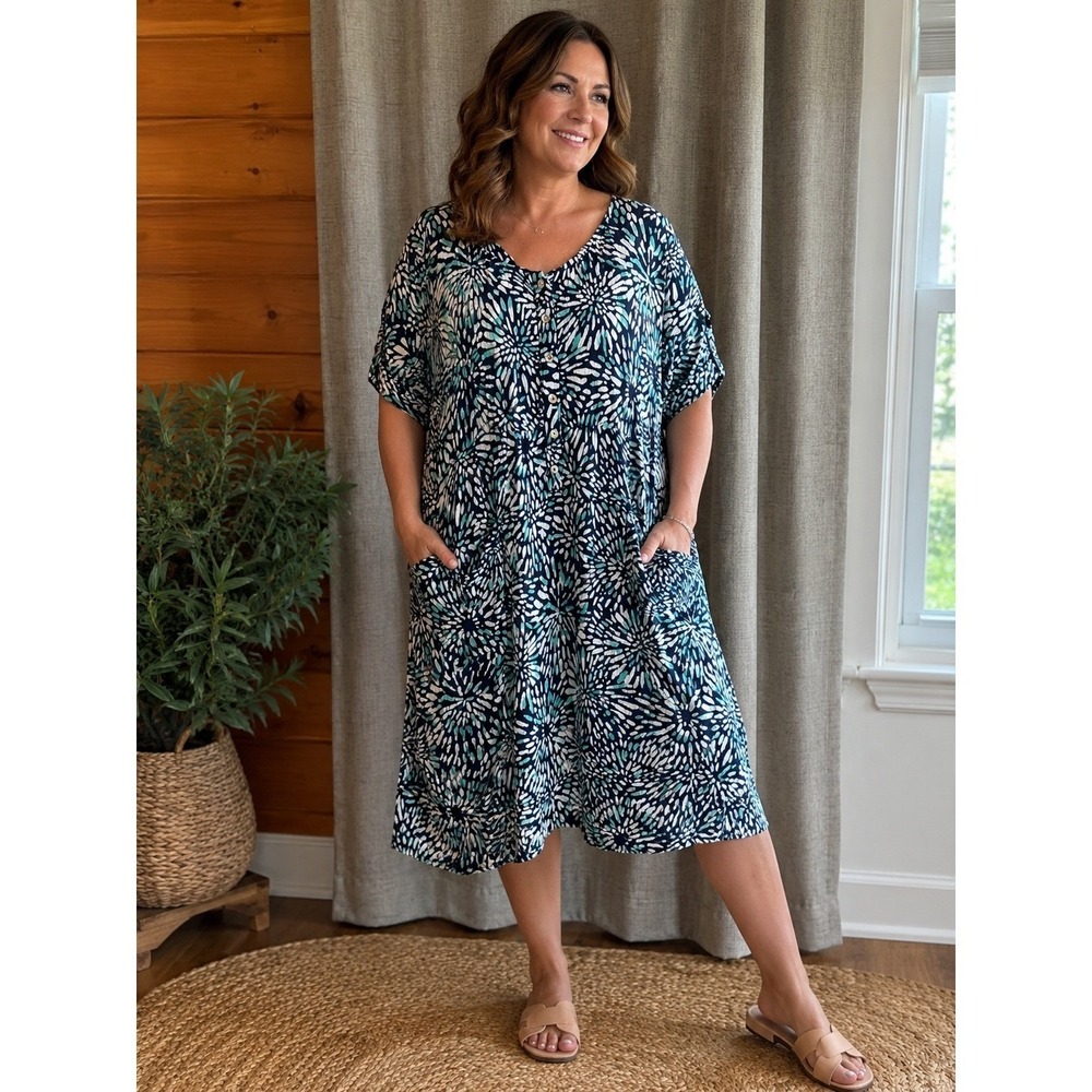 Komil Women XL Blue Teal Abstract Sunburst Crinkle Rayon Button Front Midi Dress
